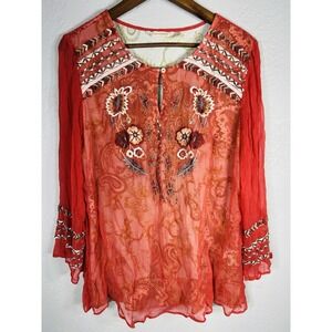 NEW Soft Surroundings Embroidered Boho Peasant Tunic Top XL Lined Paisley Coral